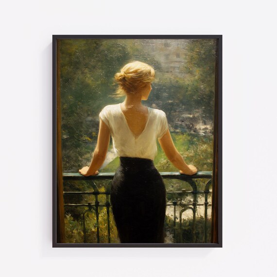 Romantic Balcony Scene Art Vintage Impressionist Painting With Elegant Woman Moody Soft Light Wall Decor 470