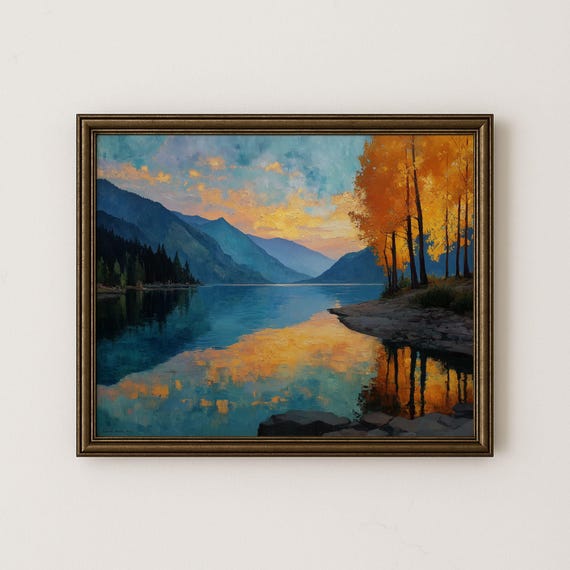 Autumn Lakeside Sunrise Painting Rustic Mountain Landscape H1