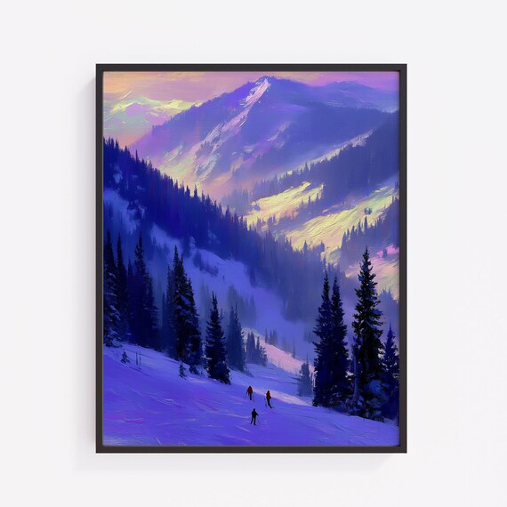 Winter Ski Slope Snowy Mountain Purple Sunset Alpine Skiers Landscape Print