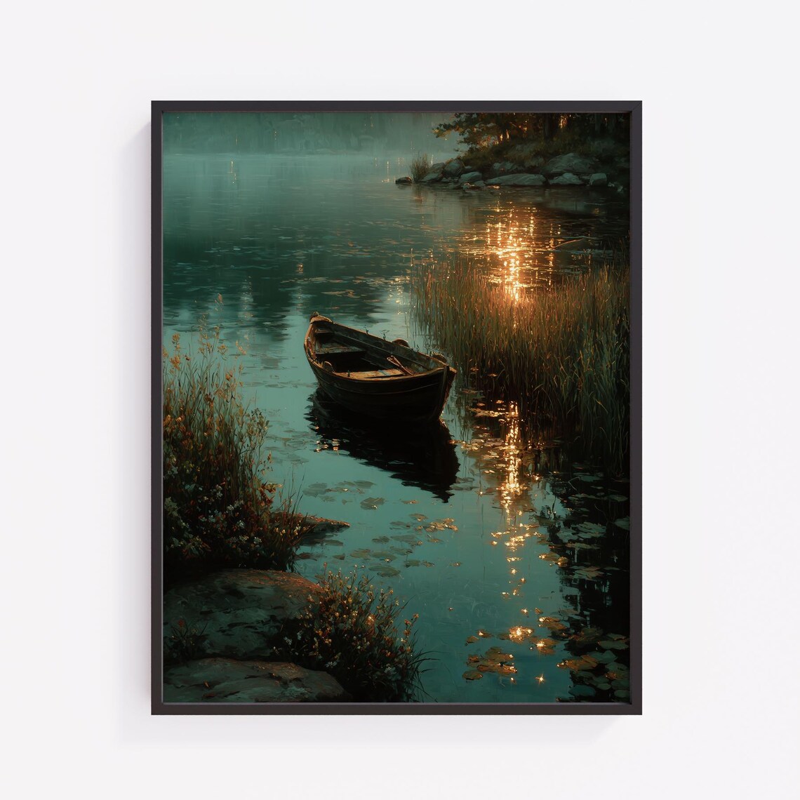 Rowboat At Sunset Misty Lake Golden Reflection Calm Painting Poster