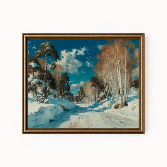 Winter Birch Tree Landscape Art Rustic Country Road H292