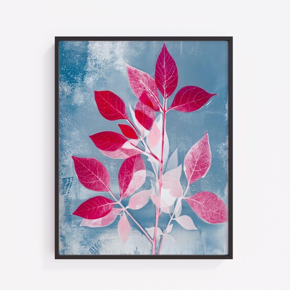 Modern Abstract Botanical Wall Art Vibrant Magenta And Pink Leaves Minimalist Contemporary Decor Gelli Plate Print 430