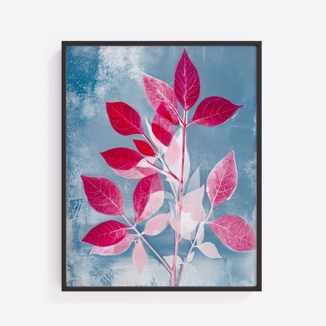 Modern Abstract Botanical Magenta Pink Leaves Blue Background Poster