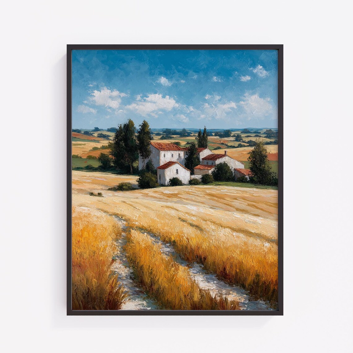 Golden Wheat Field Path to Farmhouse Summer Landscape Poster