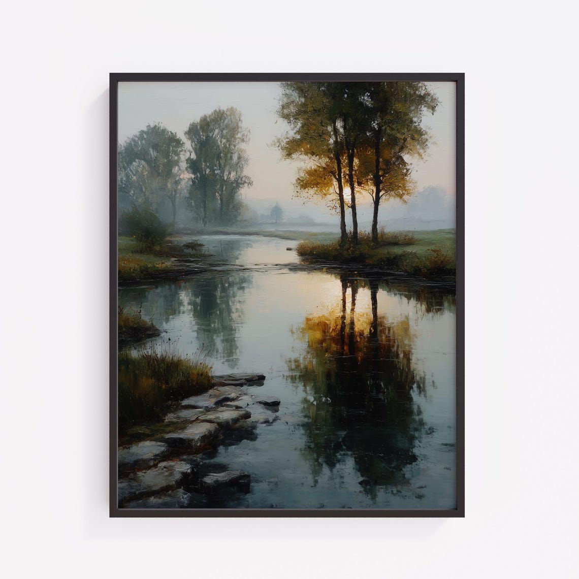 Rustic Autumn Pond Landscape Art Moody Fall Reflection V220