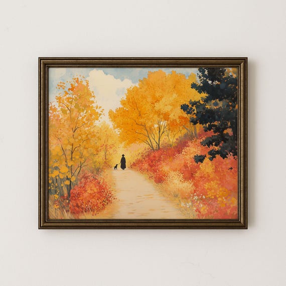 Autumn Countryside Path In Fall Colors Rustic Scenic Wall Art Gouache Painting Of Tranquil Nature Trail Decor 28