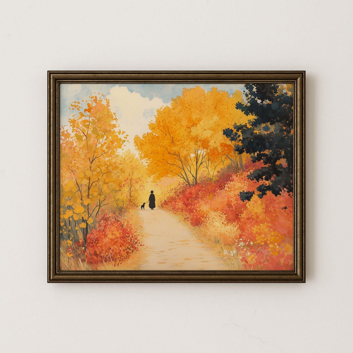 Autumn Countryside Path In Fall Colors Rustic Scenic Wall Art Gouache Painting Of Tranquil Nature Trail Decor 28