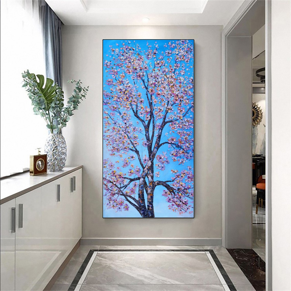 Pink Cherry Blossom Tree Impasto Oil Painting Blue Sky Wall Art - Image 6