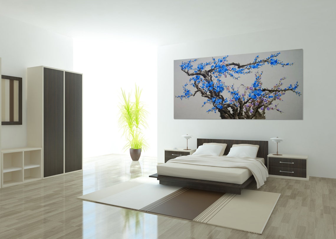 Blue Plum Blossom Branches On Soft Grey Ink Wash Oil Paint Poster - Image 3