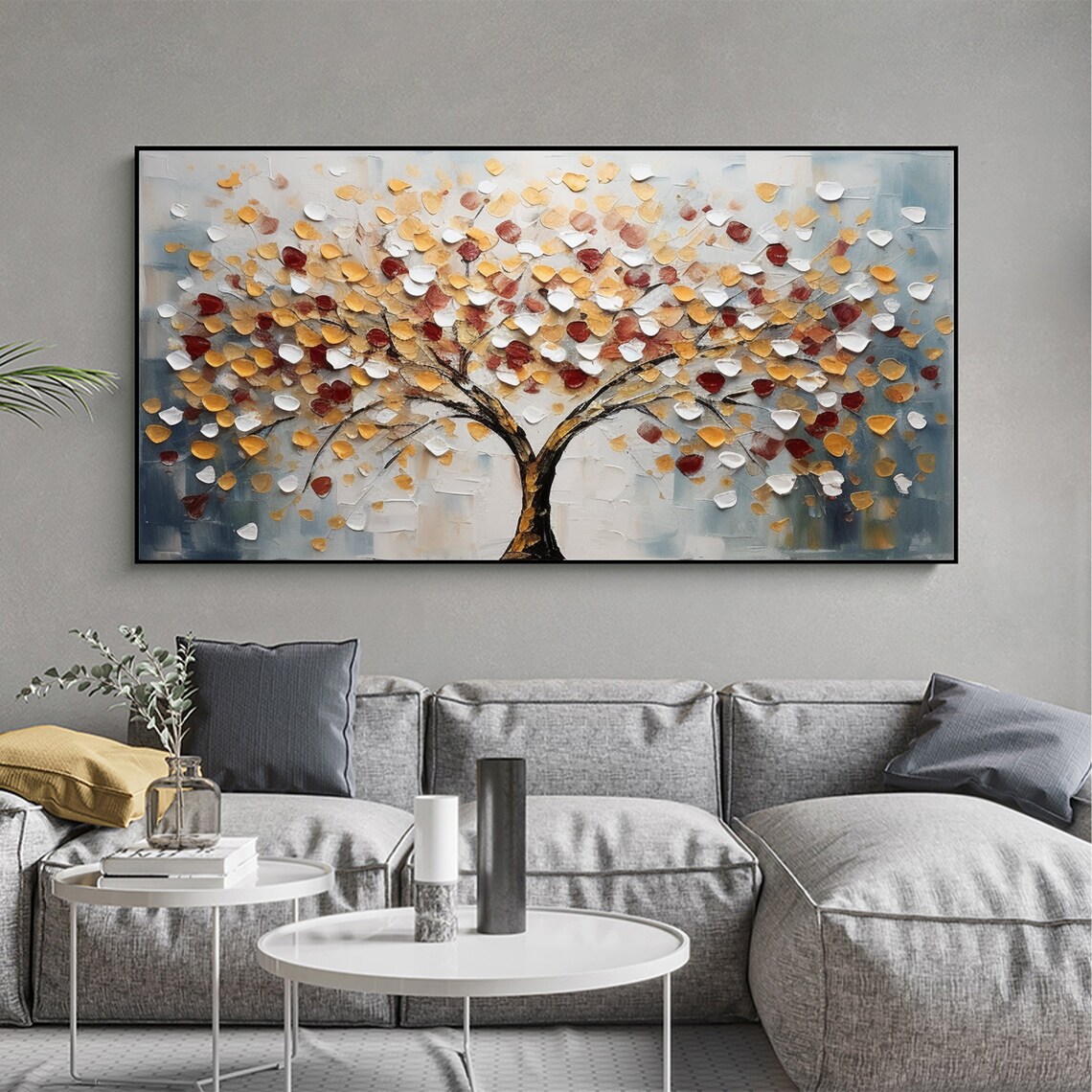 Autumn Tree of Life with Gold Red and White Leaves Oil Poster - Image 3