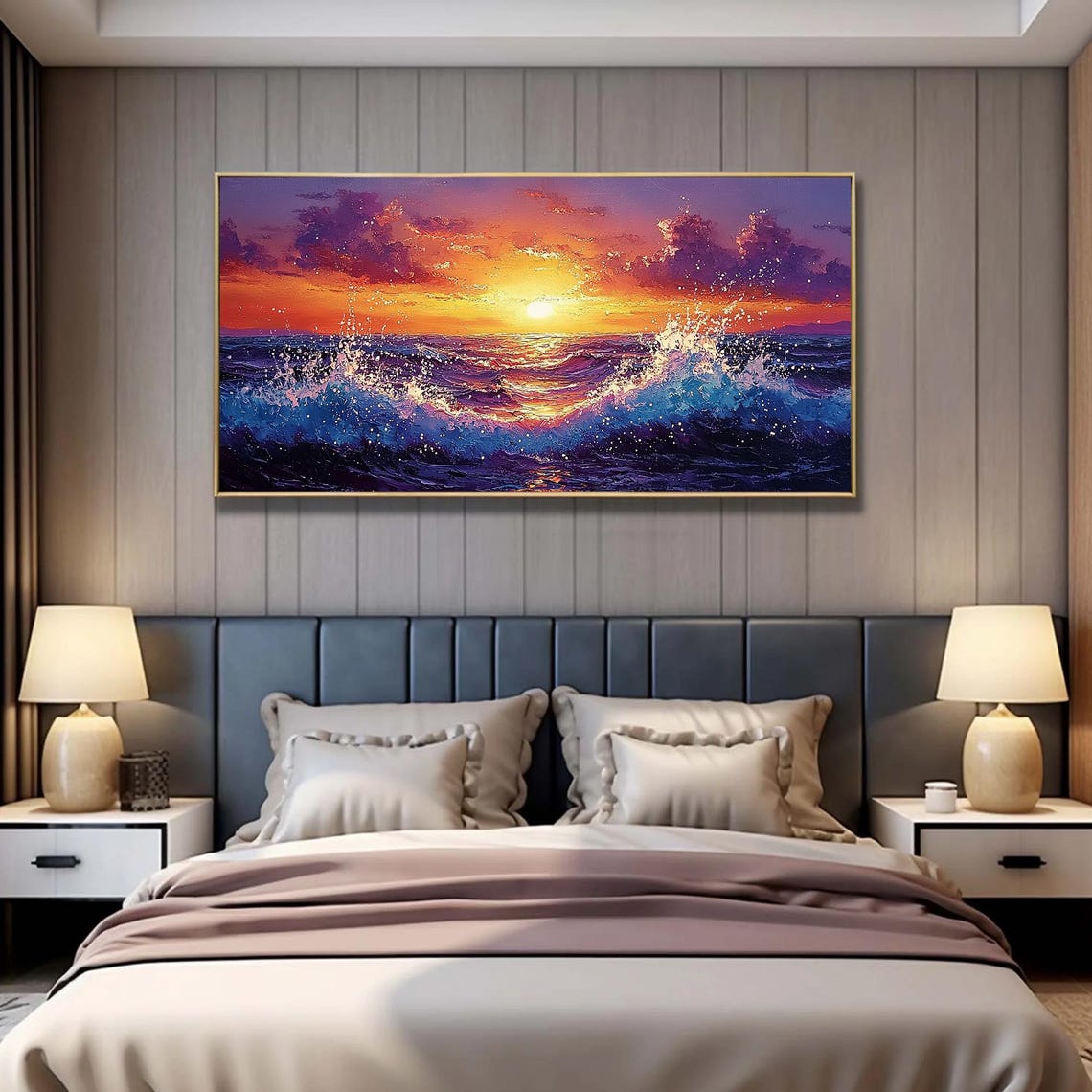 Purple Wave Sunset Seascape with Fiery Orange Sky Oil Poster - Image 4