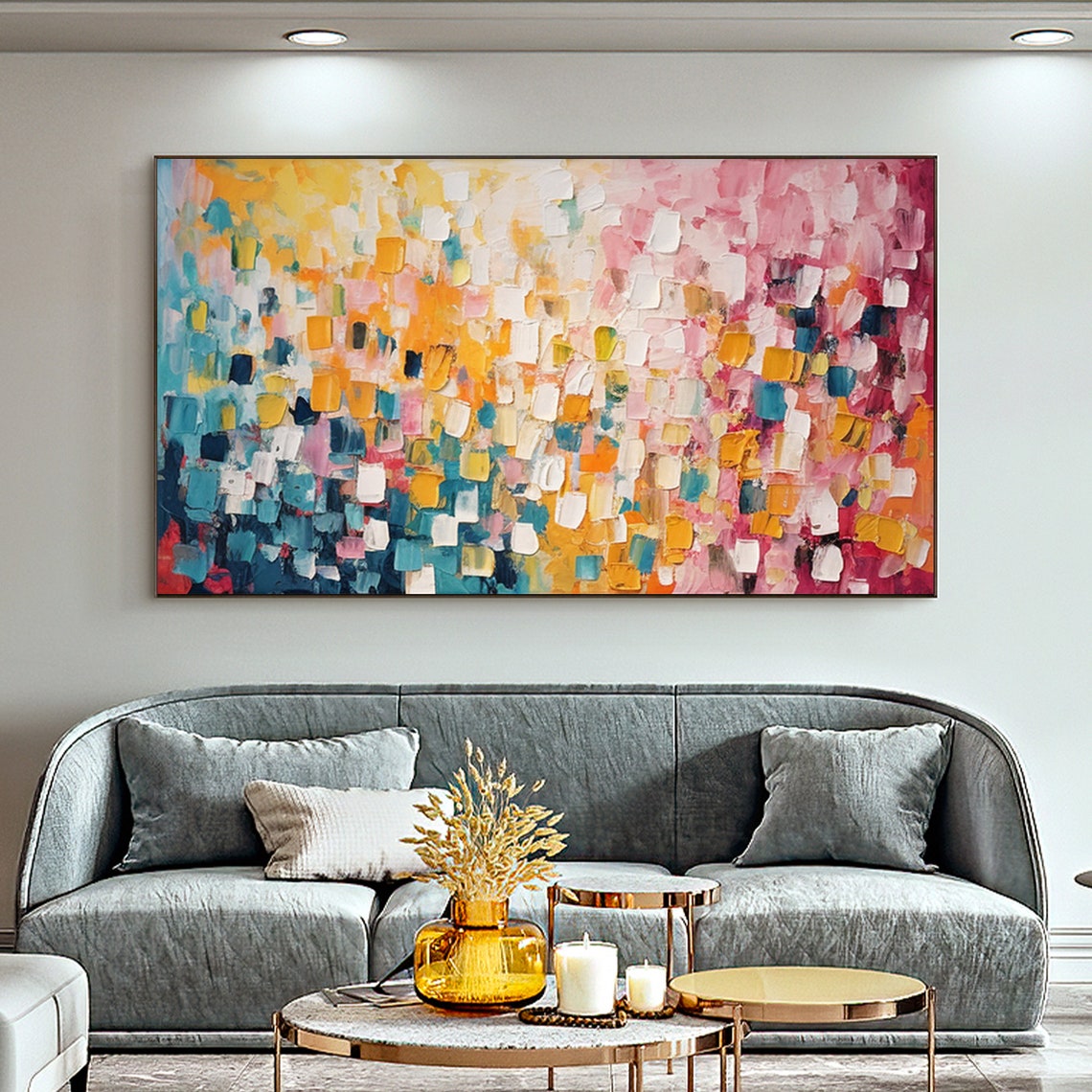 Colorful Mosaic Squares Abstract Pink Blue Yellow Art Poster - Image 2