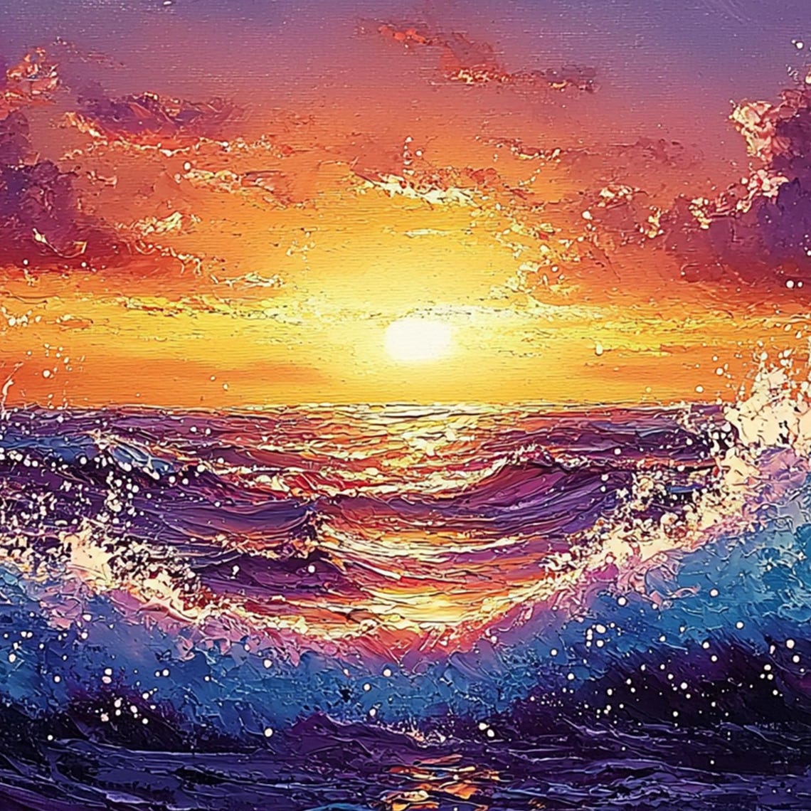 Purple Wave Sunset Seascape with Fiery Orange Sky Oil Poster - Image 5