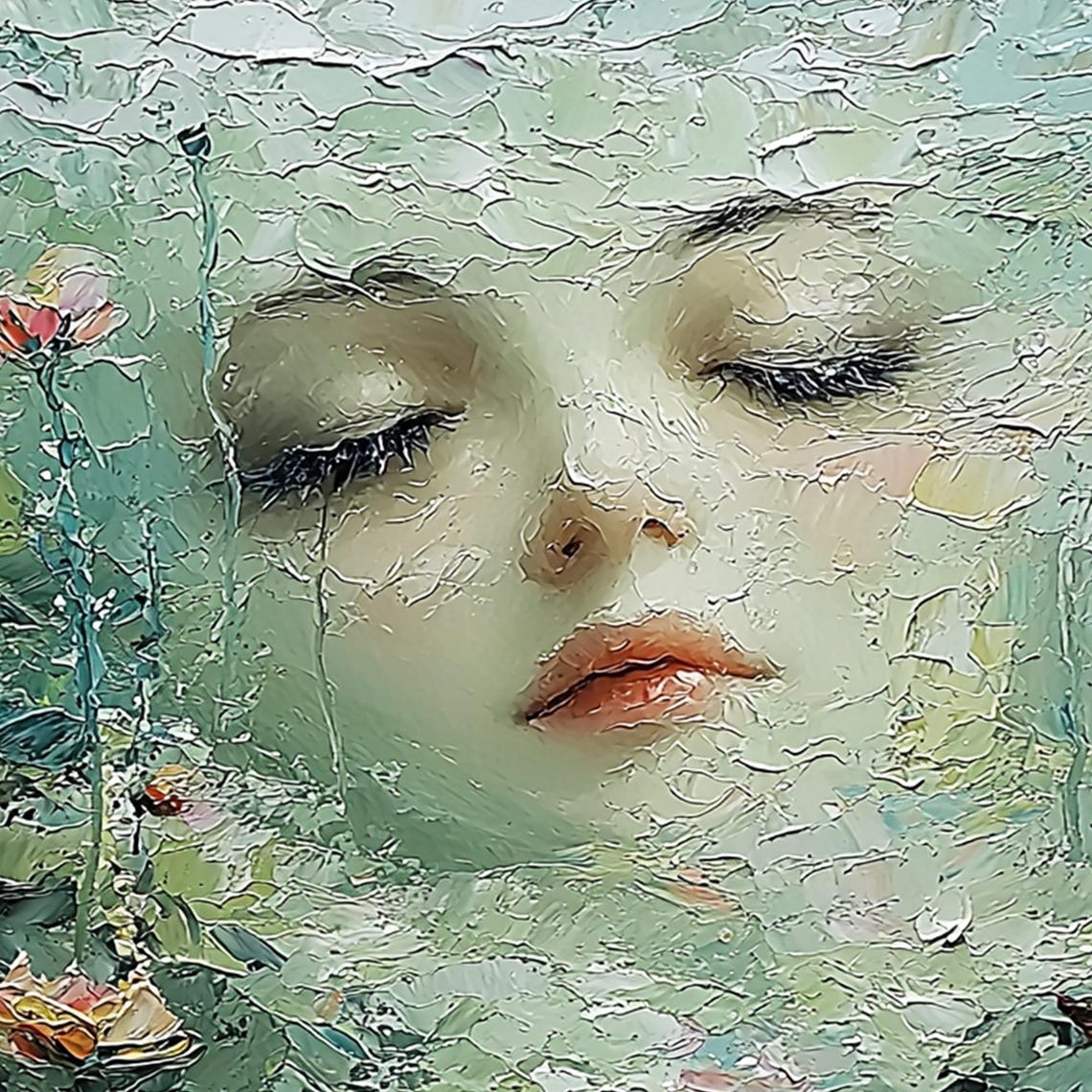 Sleeping Woman Face Emerging from Green Floral Texture Poster - Image 5