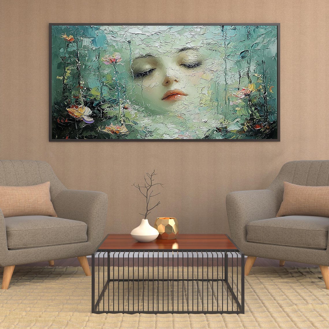 Sleeping Woman Face Emerging from Green Floral Texture Poster - Image 4