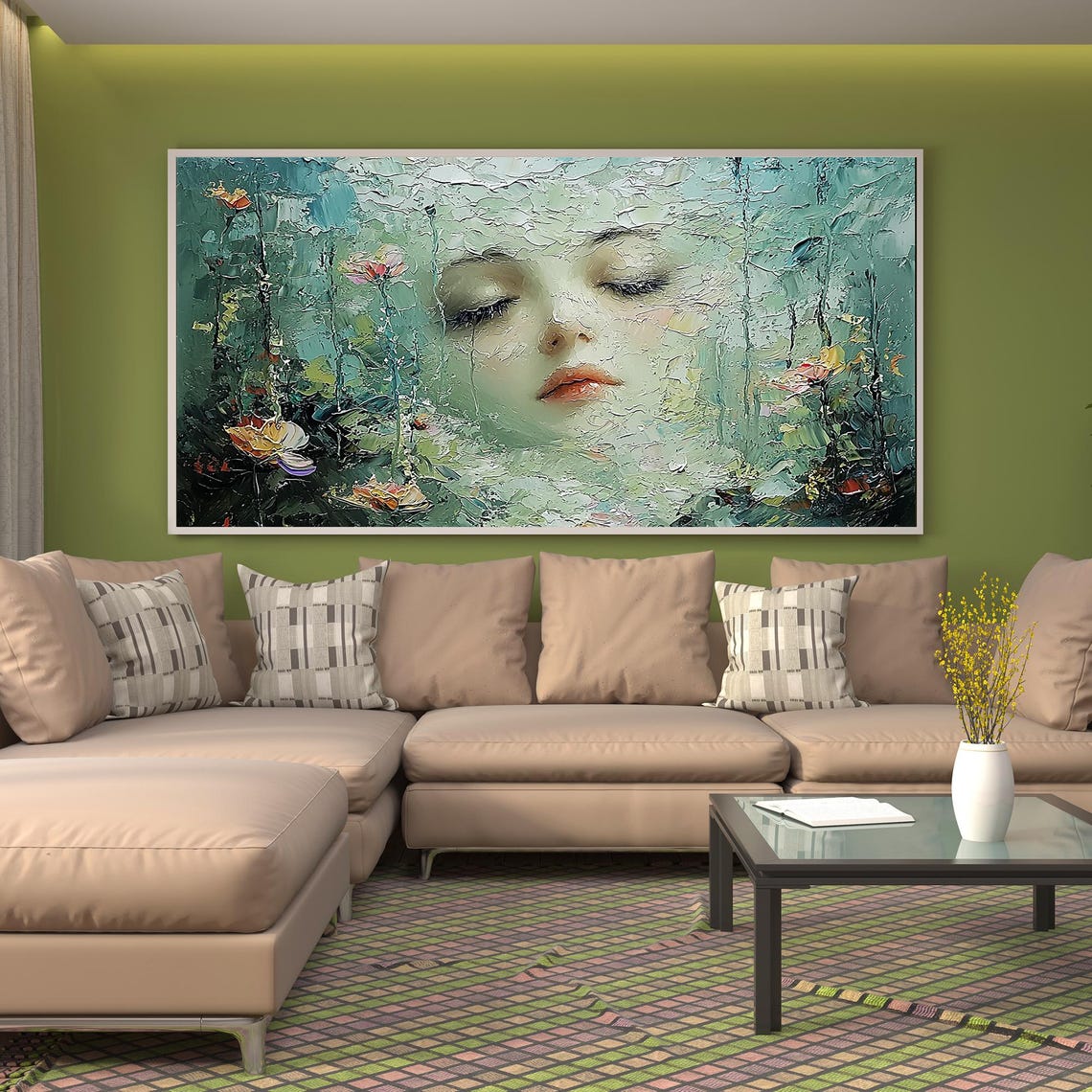 Sleeping Woman Face Emerging from Green Floral Texture Poster - Image 3