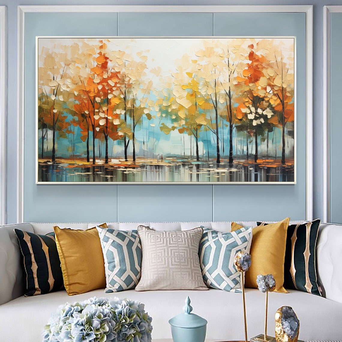 Golden Autumn Forest Trees Reflecting on a Tranquil Blue Lake Poster - Image 3