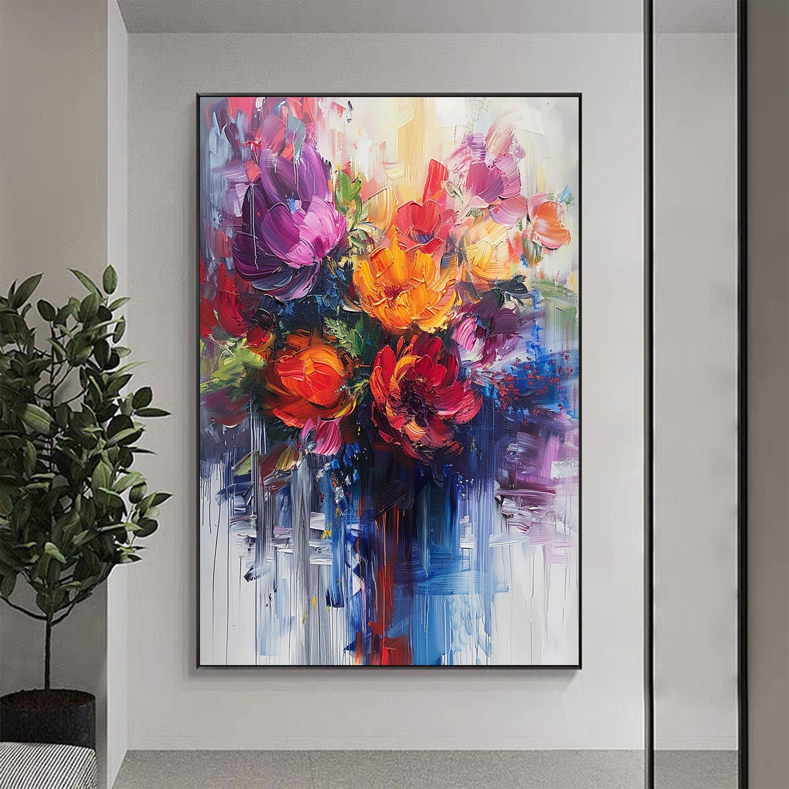 Bold Red Orange Purple Flower Bouquet Thick Impasto Art Poster