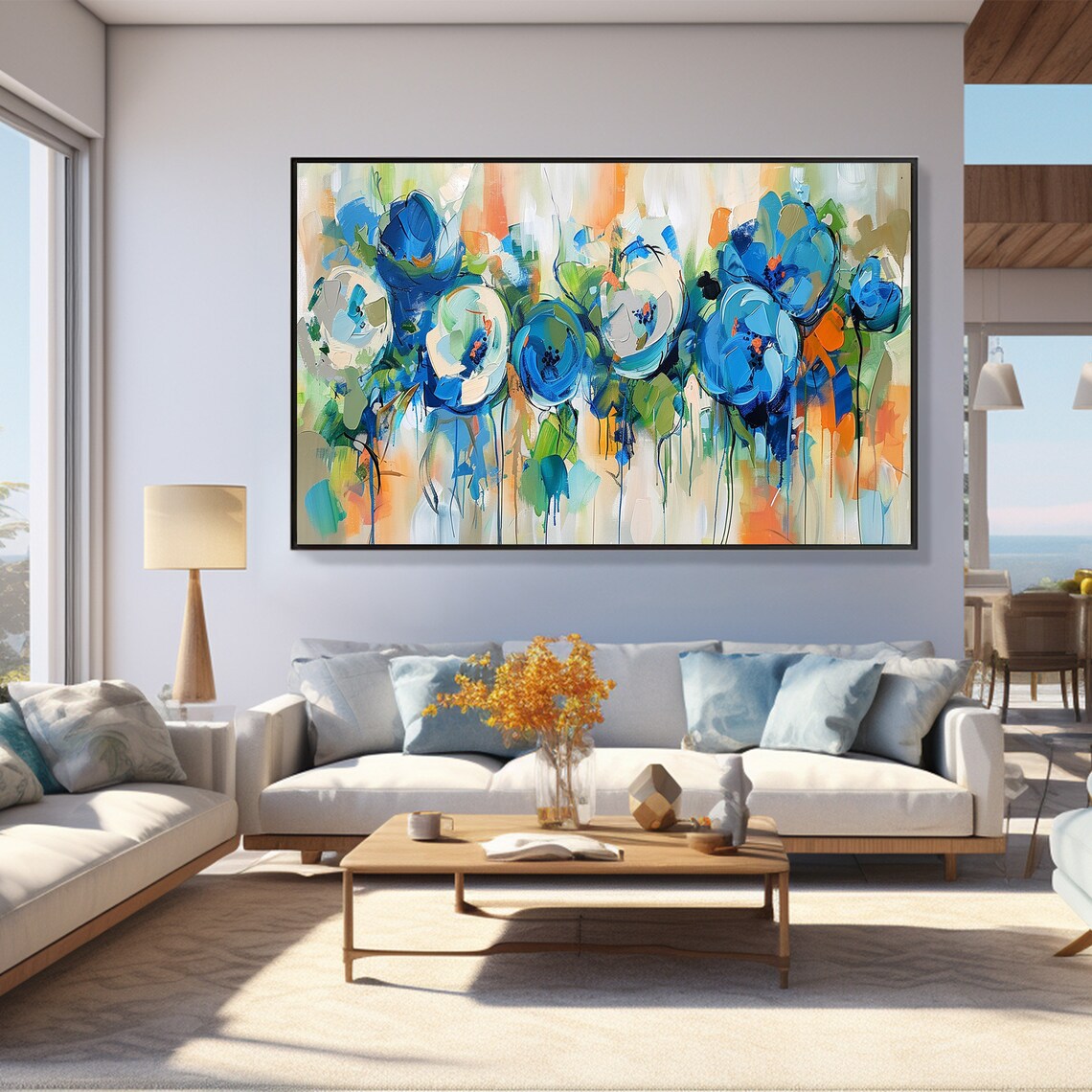 Blue Floral Blooms Green Orange Loose Abstract Flower Painting Poster - Image 4