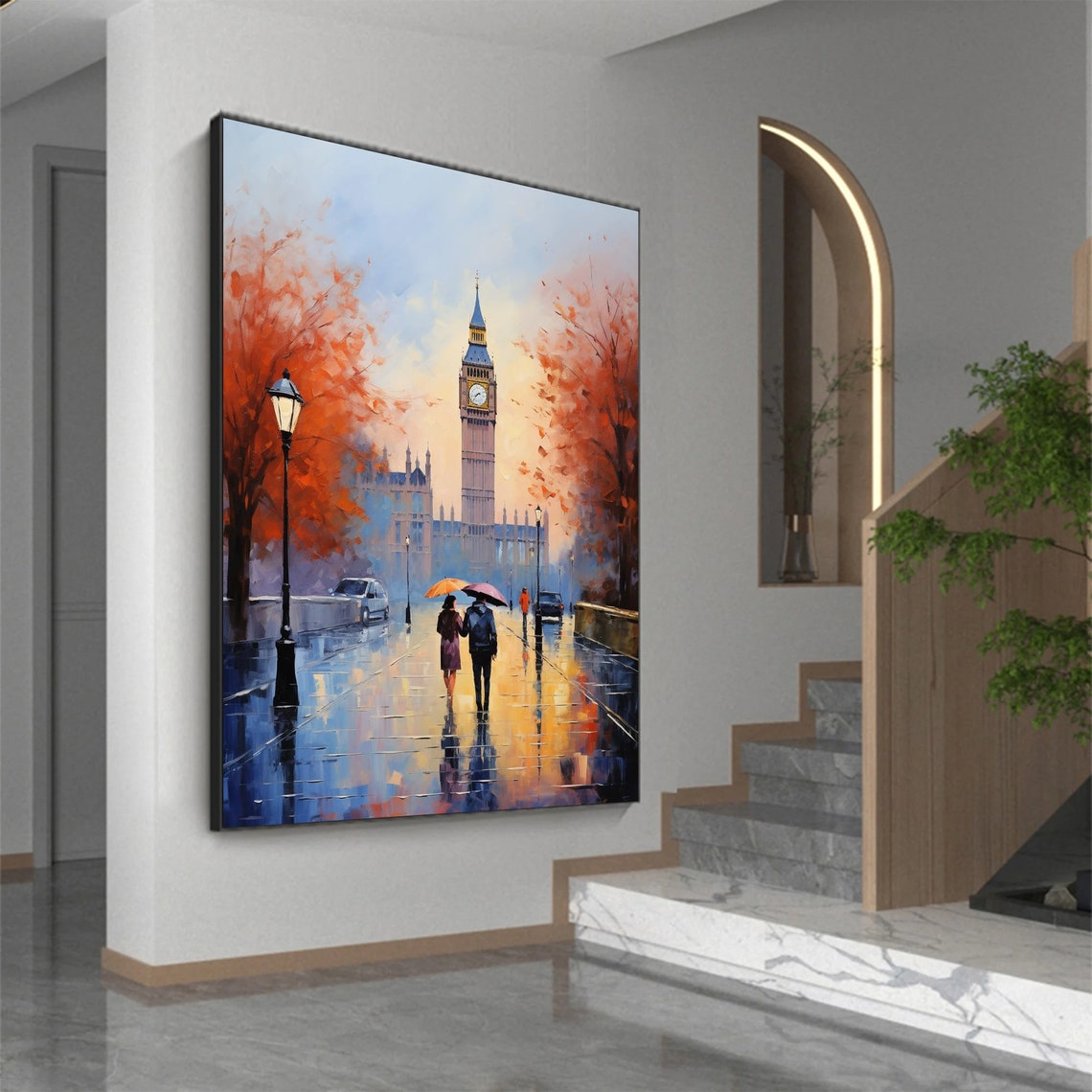 Rainy London Bridge at Sunset with Couple Under Umbrella Poster - Image 7