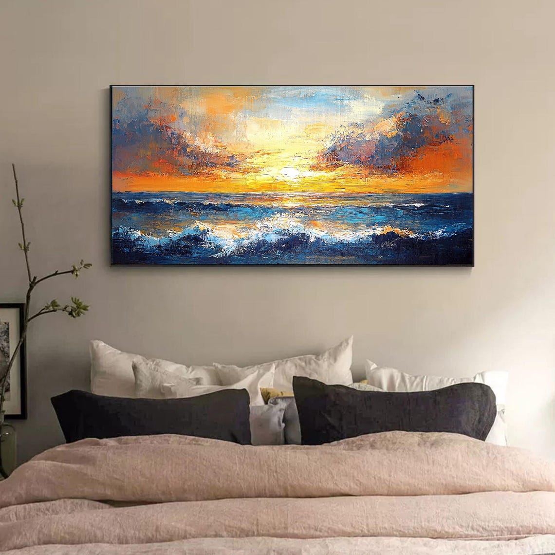 Ocean Sunset Waves Orange Sky Blue Sea Landscape Painting Poster - Image 2
