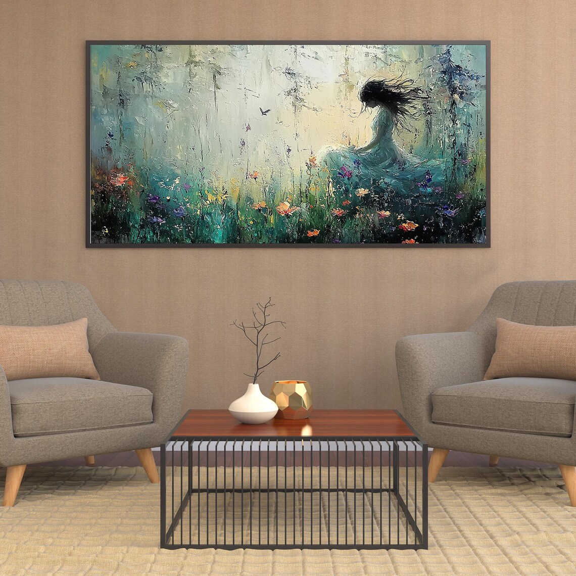 Dreamy Woman in Teal Gown Among Wildflowers and Butterfly Poster - Image 2