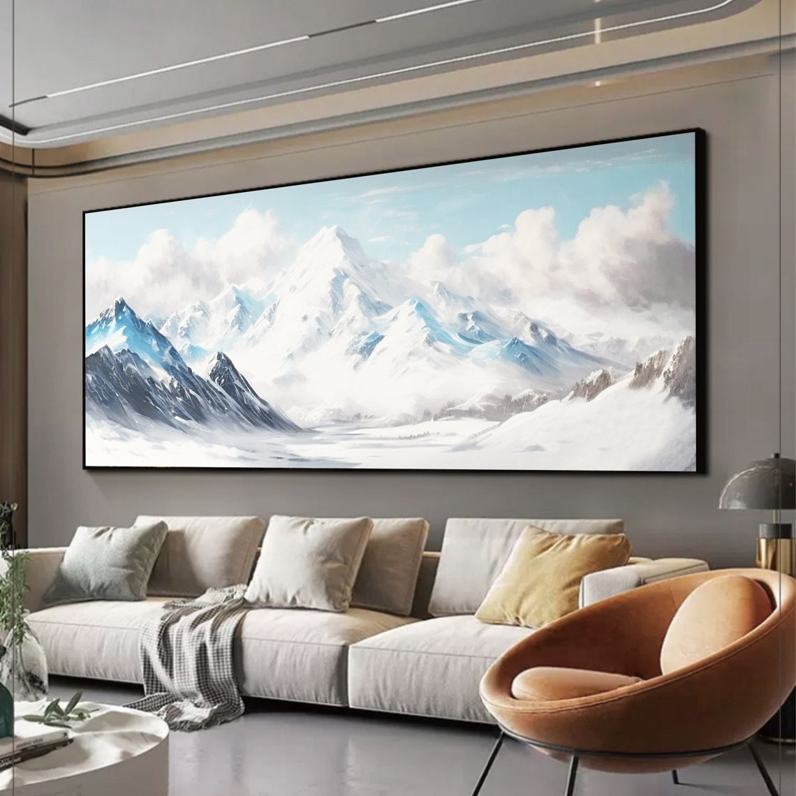 Snow Capped Alpine Mountain Peaks Under Soft Blue Clouds Poster - Image 2