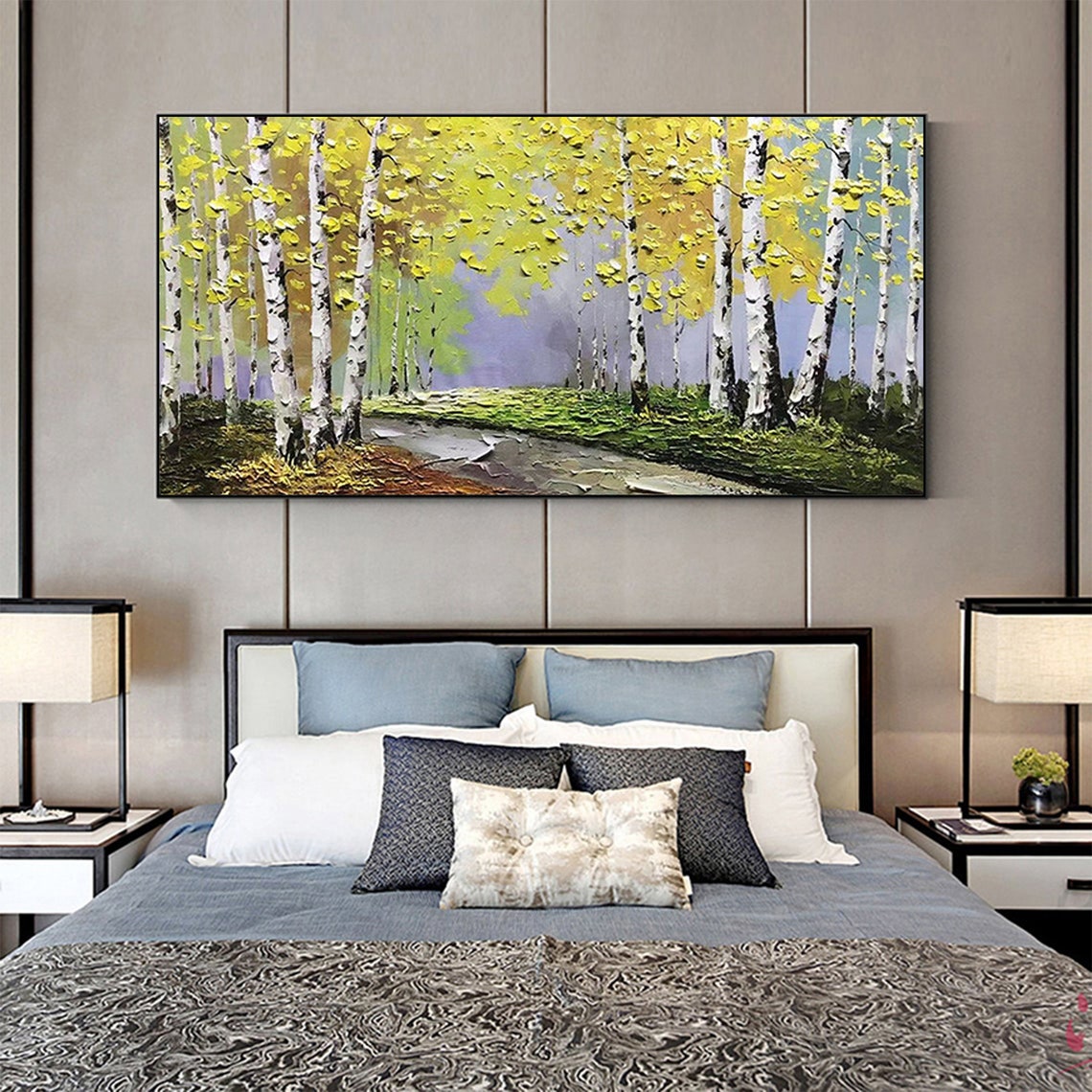 White Birch Forest Path with Yellow Canopy Oil Painting Poster - Image 3