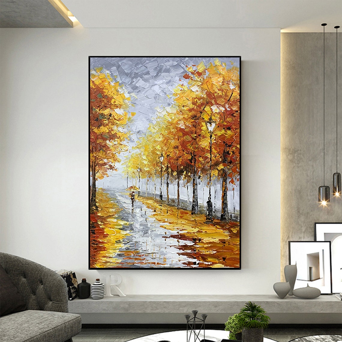 Rainy Autumn Street with Umbrella Golden Trees Oil Painting Poster - Image 4