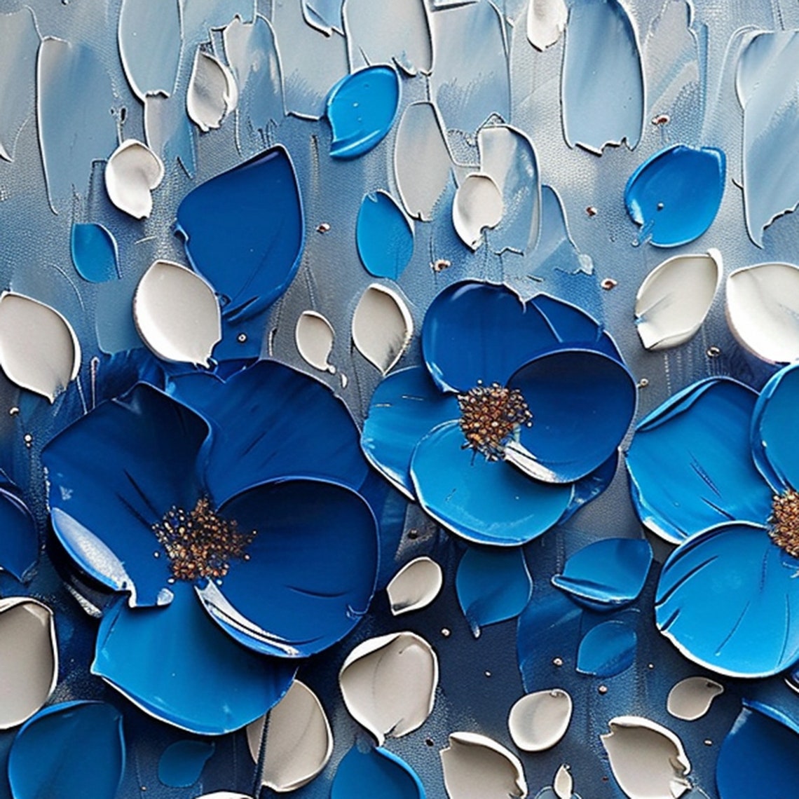 Blue Blossoms with Gold Centers on Textured Aqua Canvas Poster - Image 5