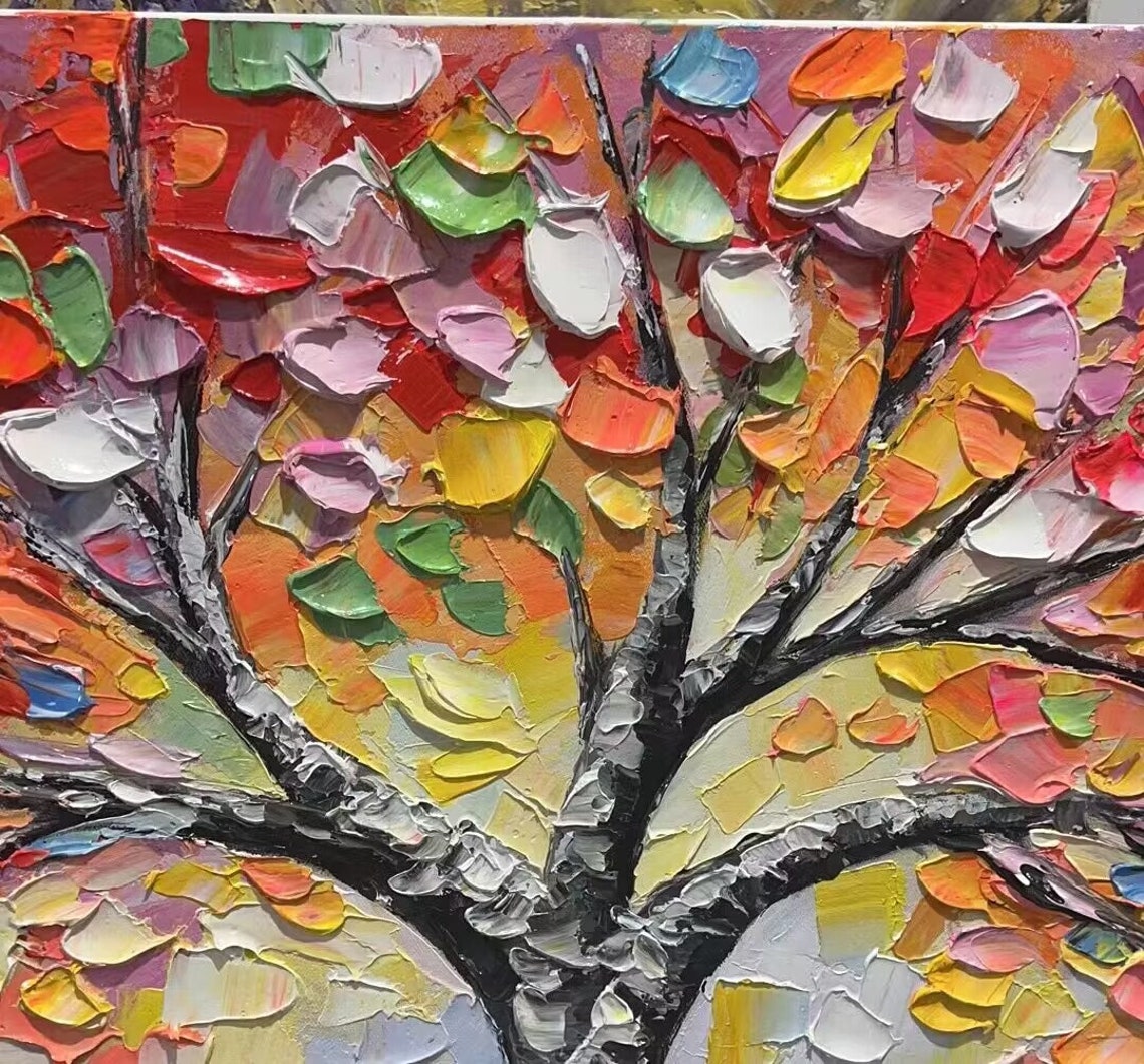 Rainbow Tree of Life Multicolor Leaves Impasto Blue Art Poster - Image 5