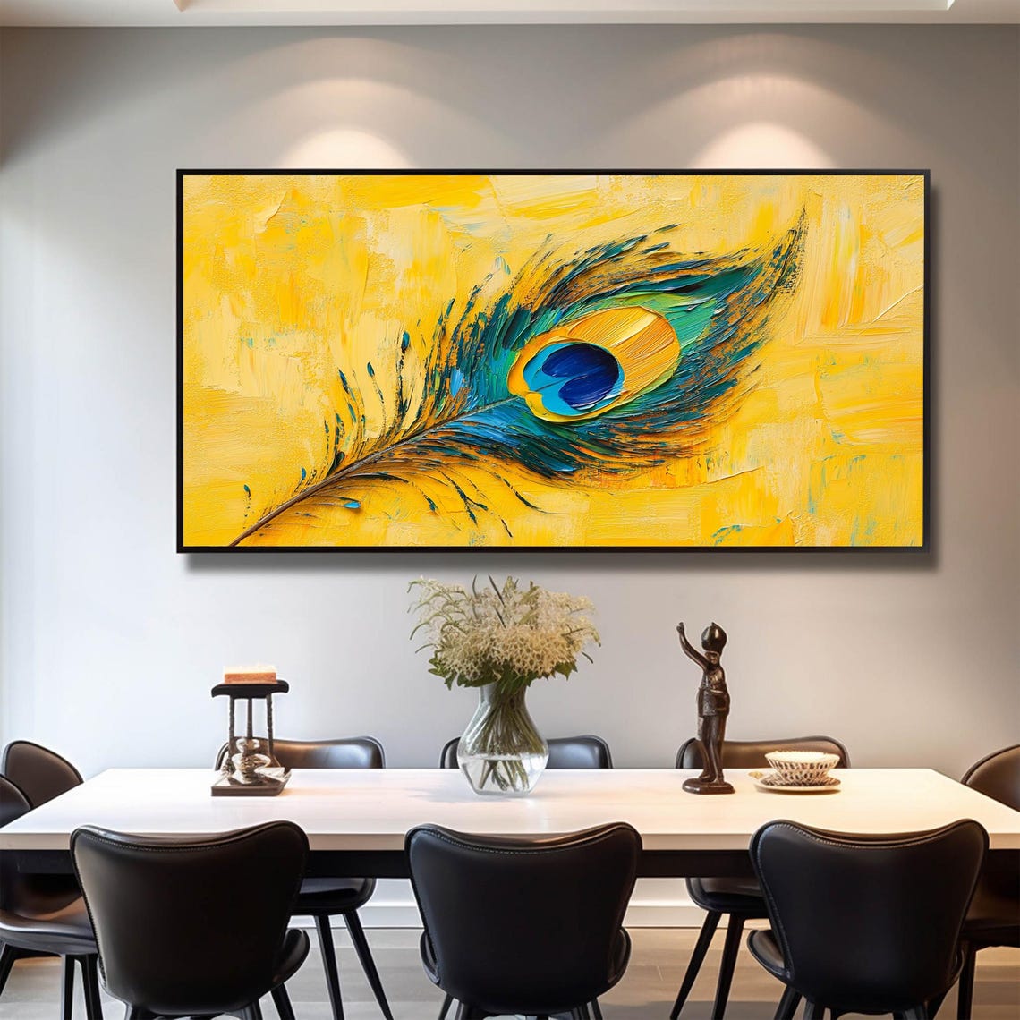 Peacock Feather on Bright Yellow Textured Oil Painting Poster - Image 4