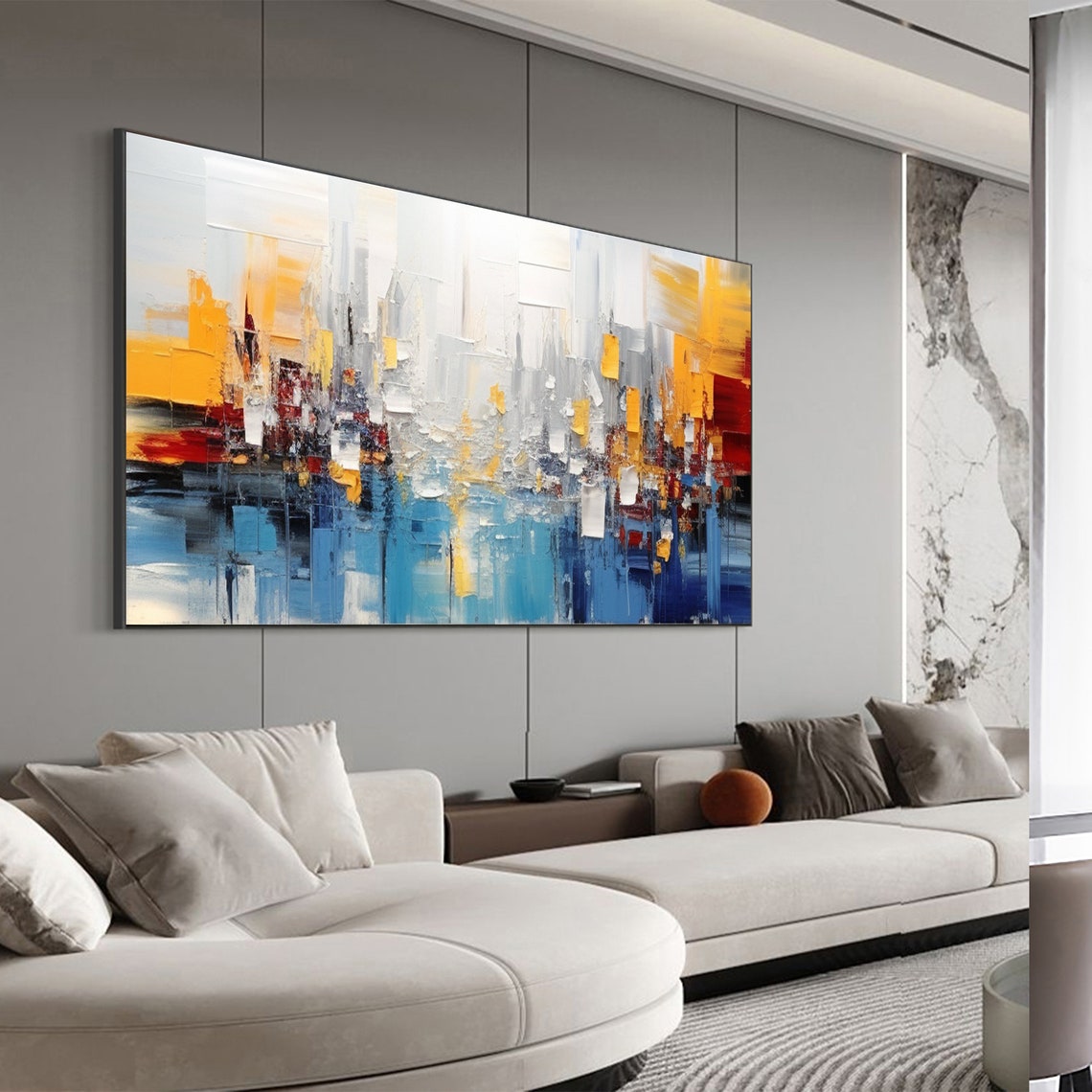 Abstract Blue White and Gold Cityscape Texture Art Oil Poster - Image 5