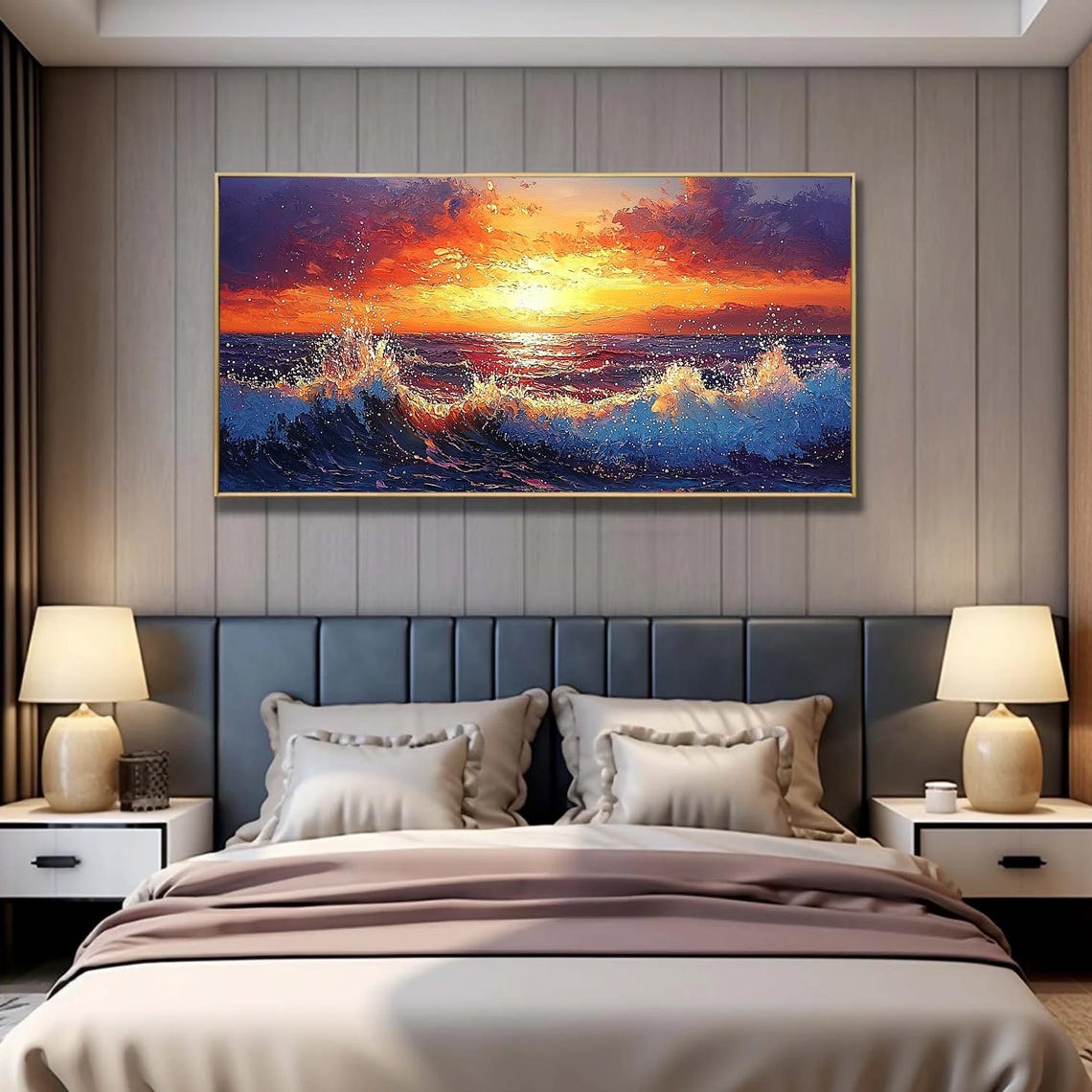 Fiery Orange Sunset over Deep Blue Ocean Waves Oil Art Poster - Image 3