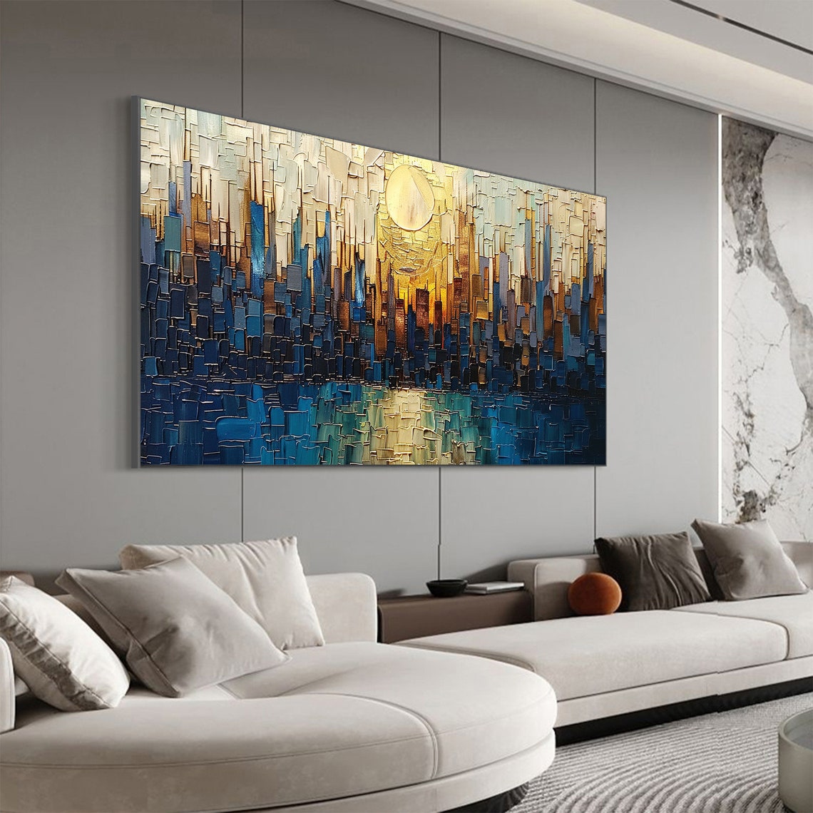 Mosaic Blue City Skyline with Golden Sun Thick Impasto Poster - Image 6