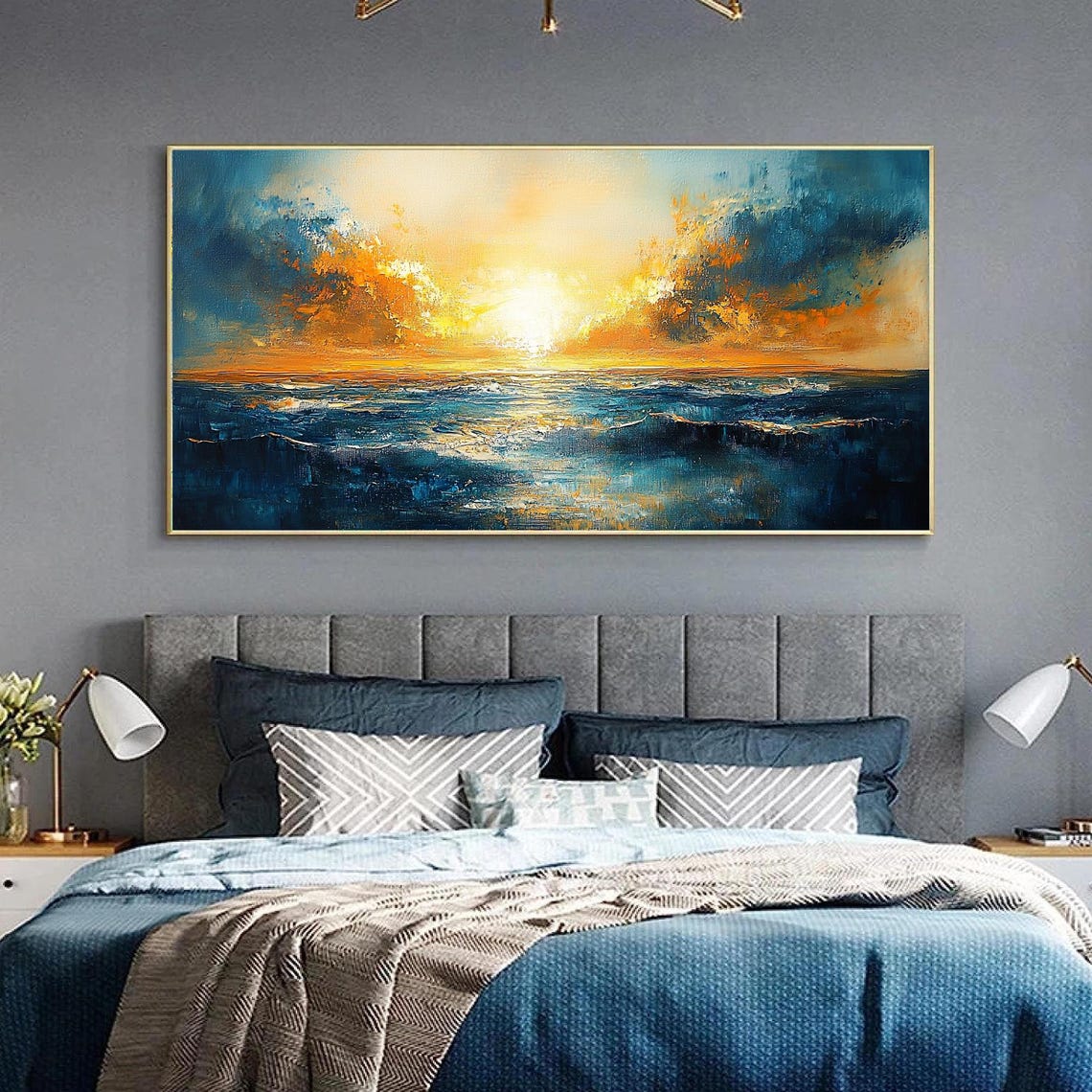Golden Sunset Over Deep Blue Ocean Oil Style Seascape Art Poster - Image 2