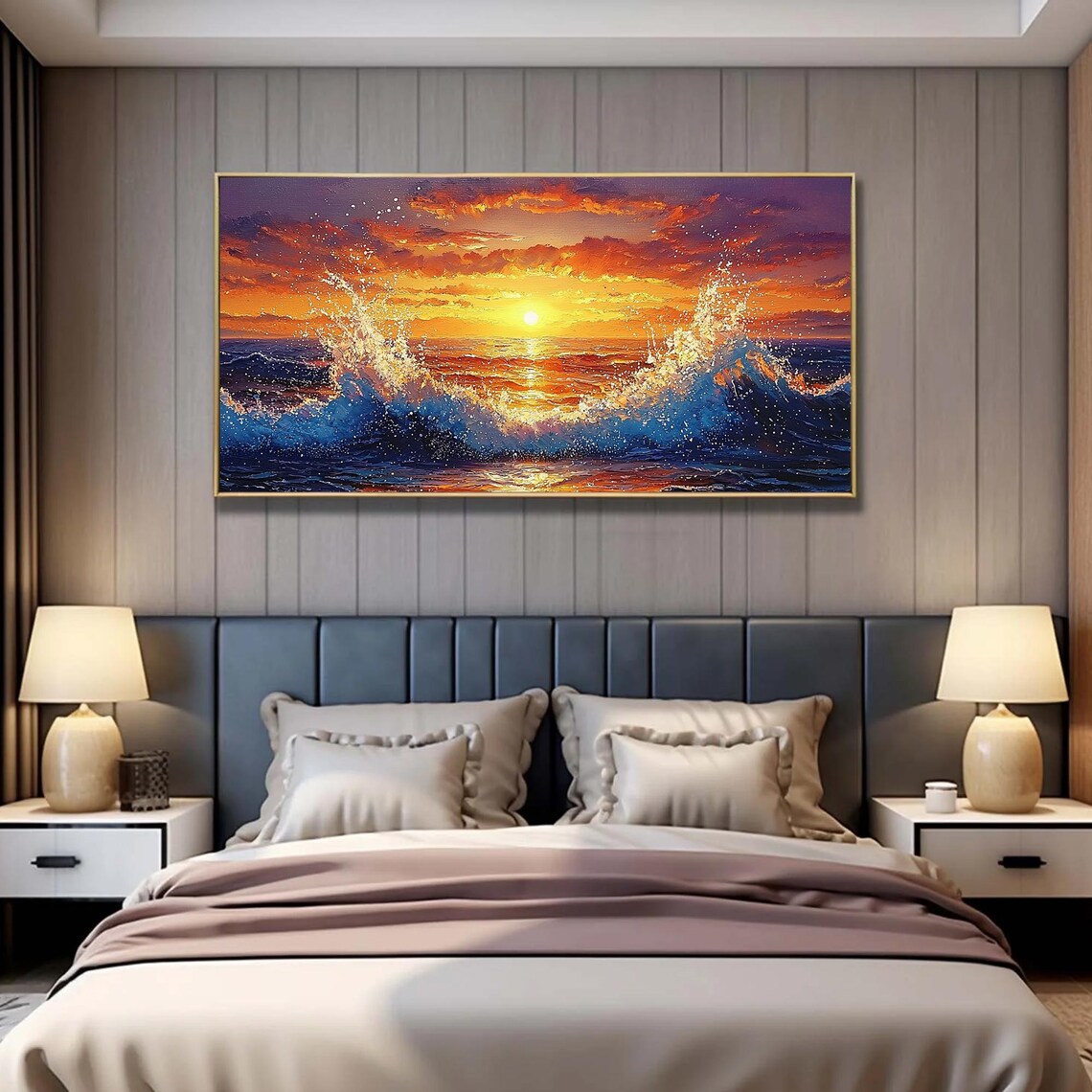 Golden Sun Center Ocean Sunset with Crashing Waves Oil Poster - Image 2