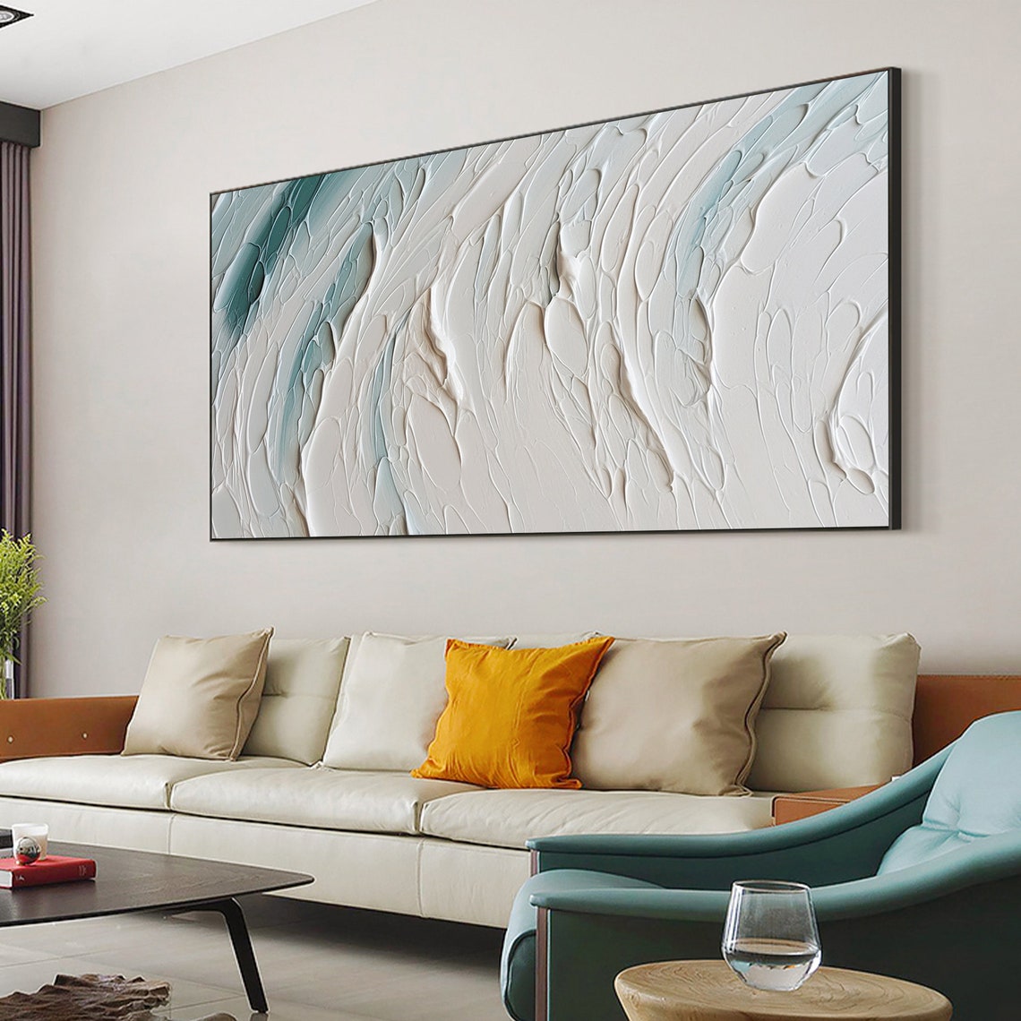 White Teal Ocean Wave Textured Minimalist Abstract Painting Poster - Image 6