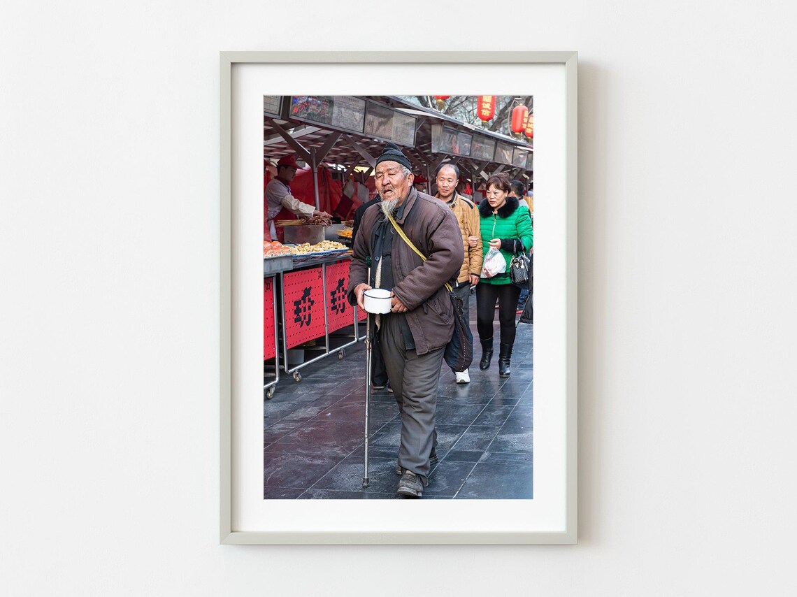 Old Man With Walking Stick At Chinese Food Market Street Photo Poster