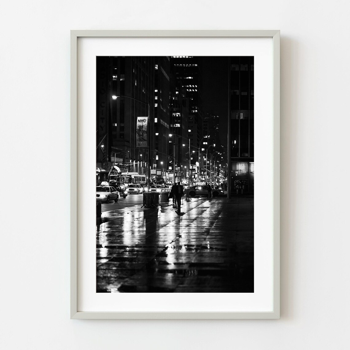 New York City Night After Rain Black And White Wet Street Reflections Poster