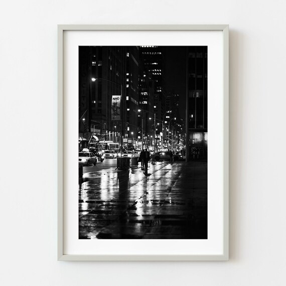New York City Night After Rain Black And White Wet Street Reflections Poster