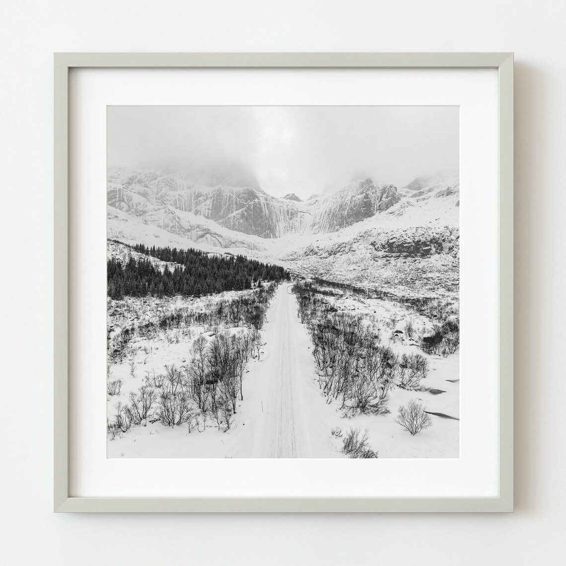 Snowcapped Peaks Winter Valley Black and White Mountain Photo Poster