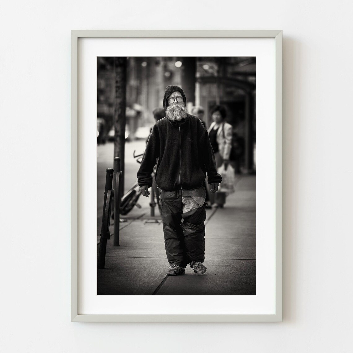 Long Bearded Man Walking City Street Black and White Photo Print