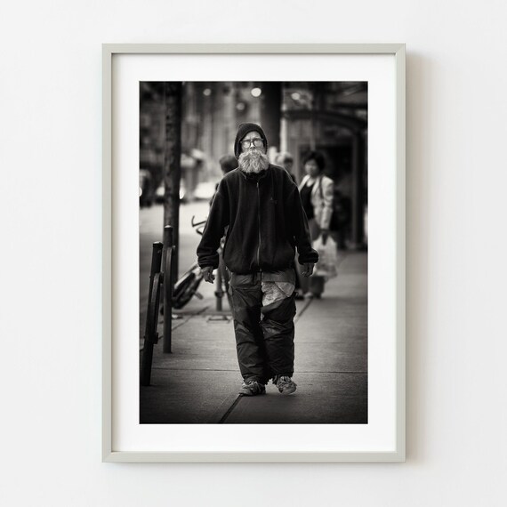 Long Bearded Man Walking City Street Black and White Photo Print