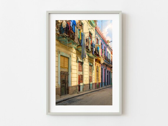 Colorful Havana Street Poster Cuba Balconies Photo With Laundry And Warm Sunlight
