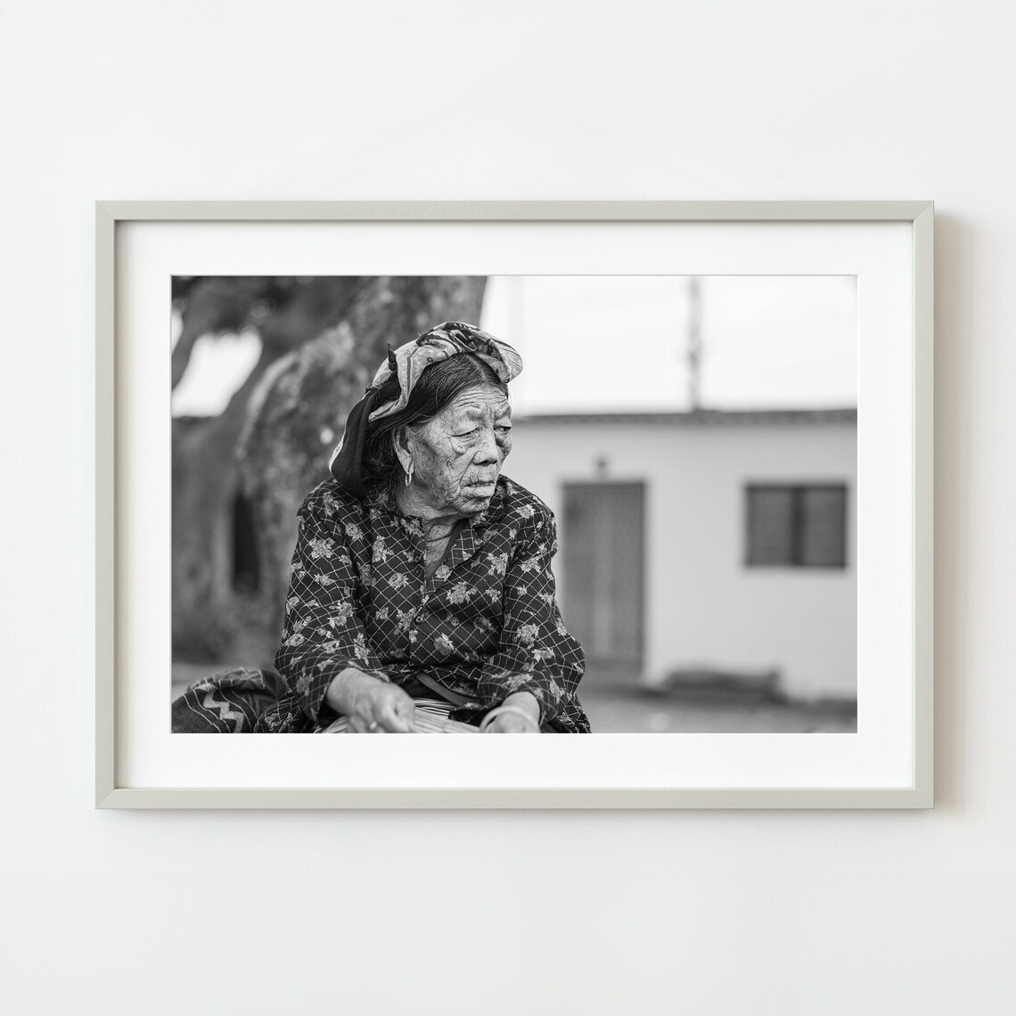 Elderly Woman With Headscarf Black And White Portrait Poster