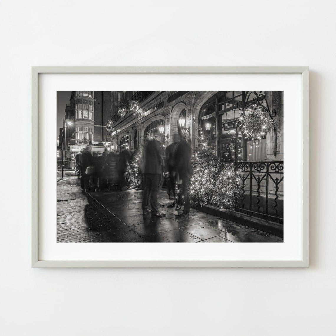 Black And White Christmas Pub Patrons On Rainy Street Photo Poster