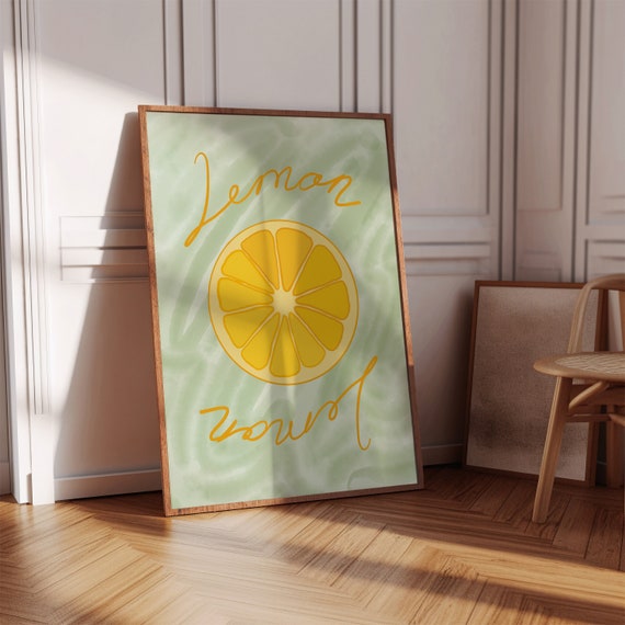 Lemon Art Print Retro Fruit Poster Vintage Kitchen Decor Yellow Typography Wall Preppy Trendy