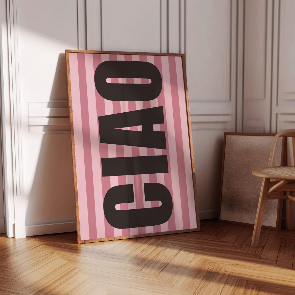 Ciao Bold Black Typography Pink Striped Retro Greeting Art Print