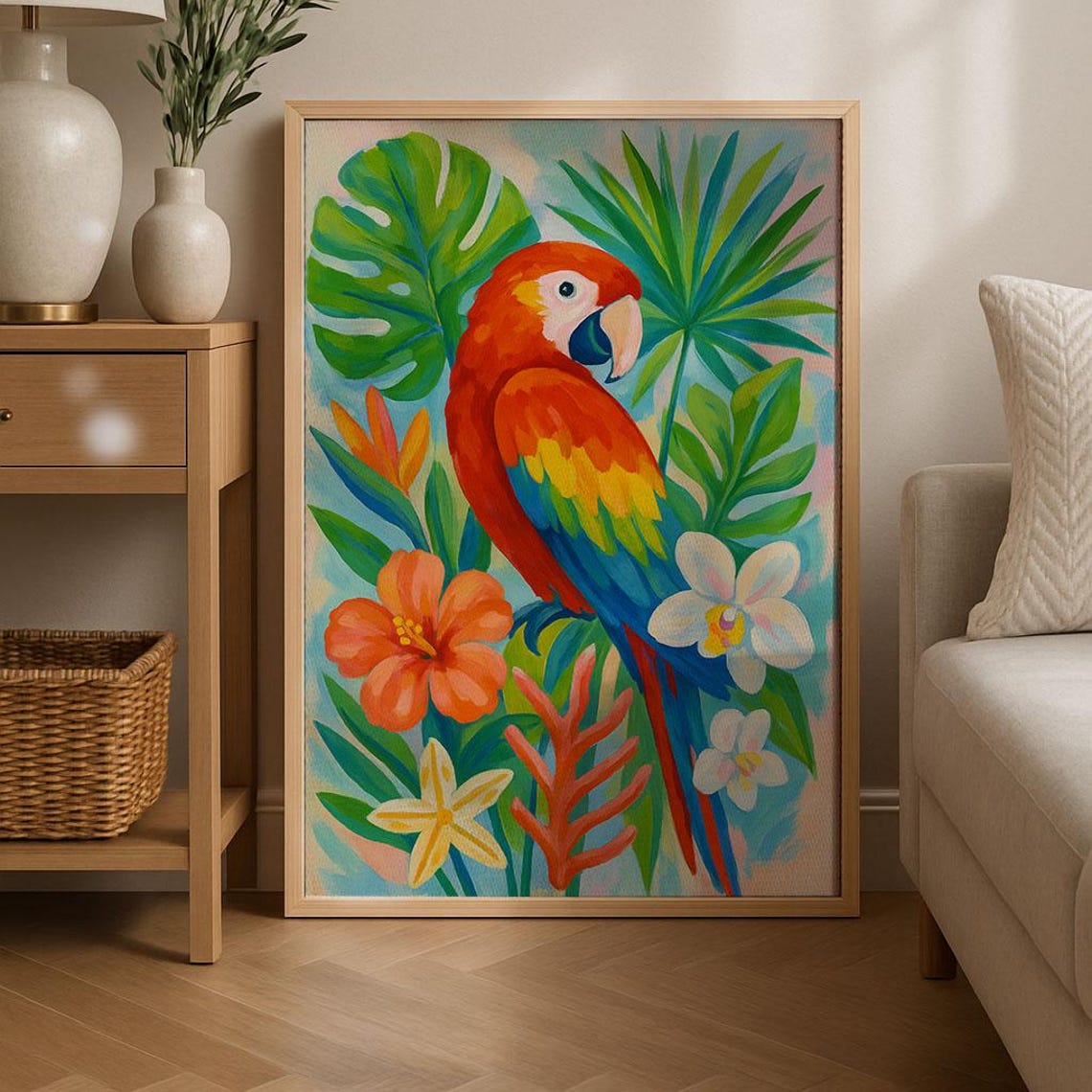 Scarlet Macaw Parrot Tropical Flowers Vibrant Colorful Jungle Poster